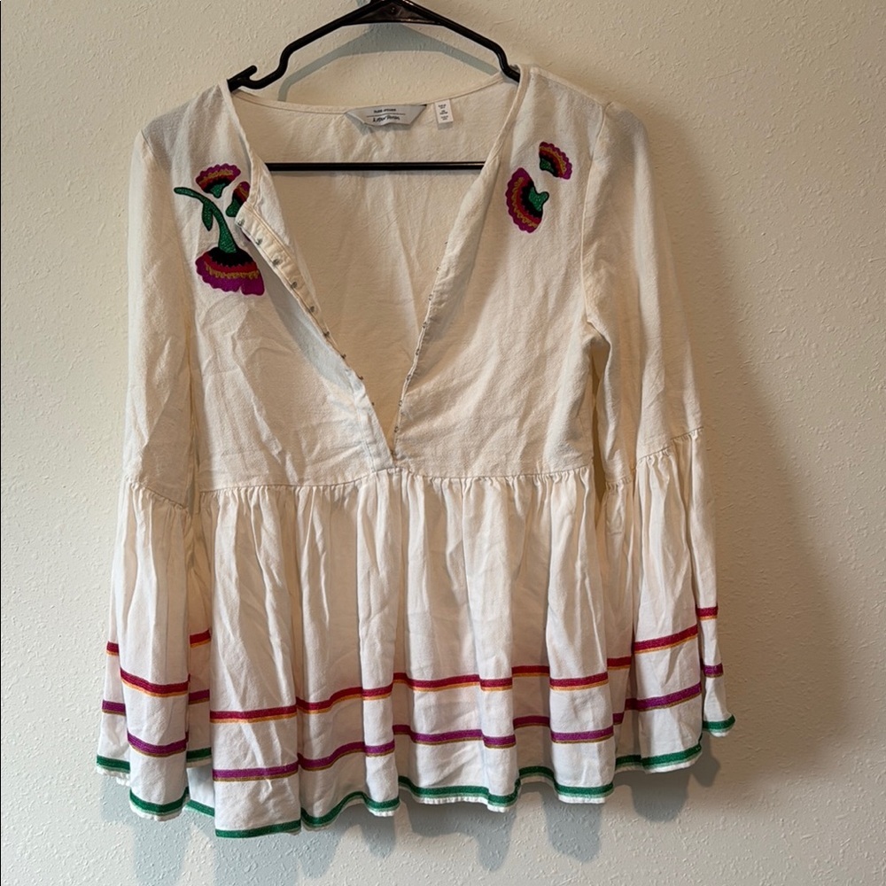 Paris Atelier & Other Stories Boho White Ruffled Blouse with Red Accents